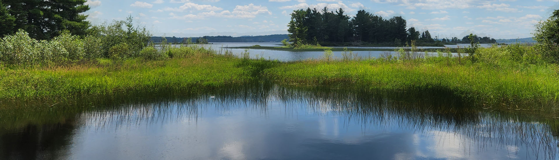 lake, blue sky, clouds reflecting