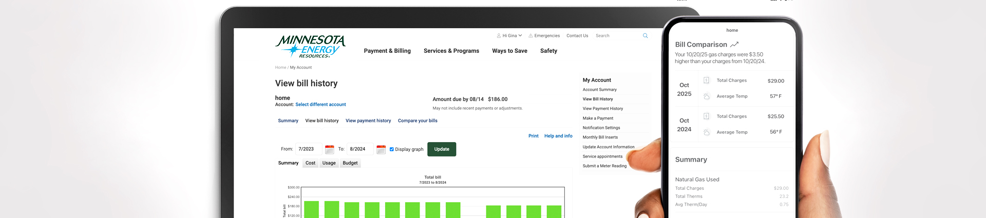 laptop displaying my account chart and phone displaying bill comparison content