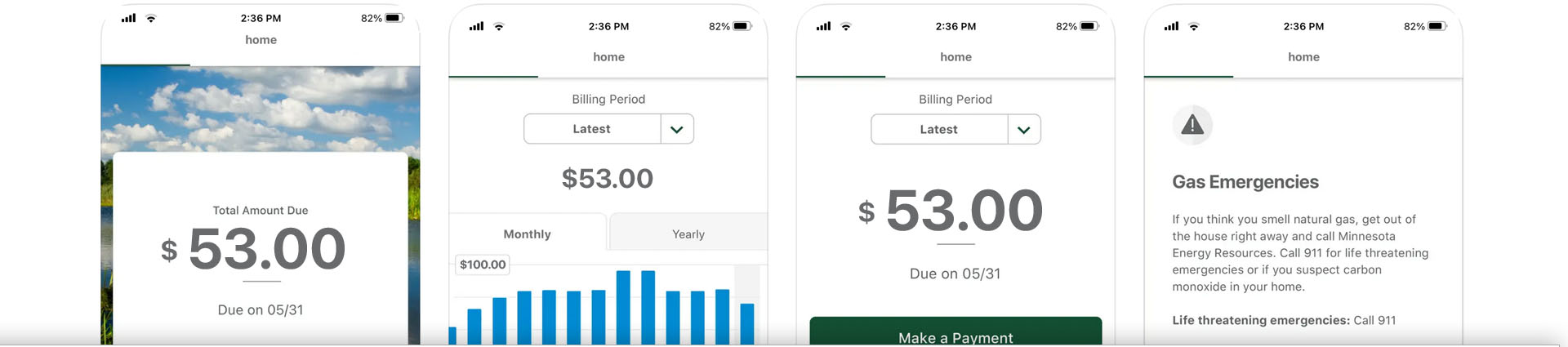 Minnesota Energy Resources app screens showing outage, payment, bill examples